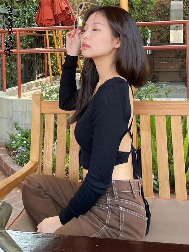 

Backless Crop Top Long Sleeve T-Shirts Women Tie Back Tees Autumn Winter Clothes Sexy T Shirt Streetwear Solid Skinny Black Top