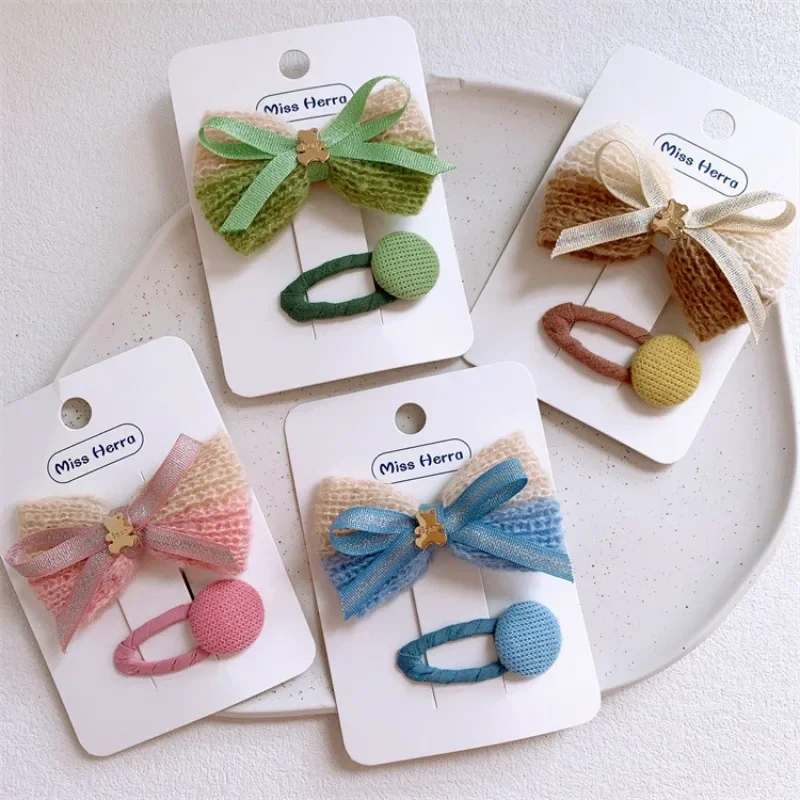 

Новинка Осень 2023 милые головные уборы на пуговицах в стиле принцессы модные детские шерстяные заколки для волос с бантом аксессуары для волос