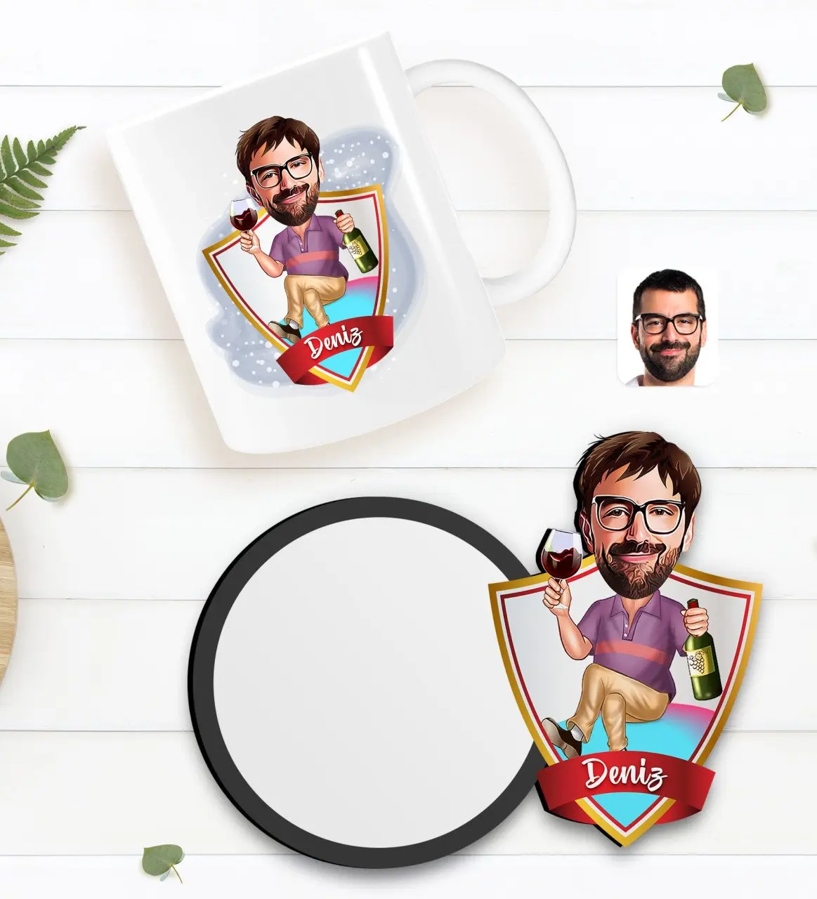 

Персонализированная Мужская карикатура на белую кружку и деревянную подставку в подарок