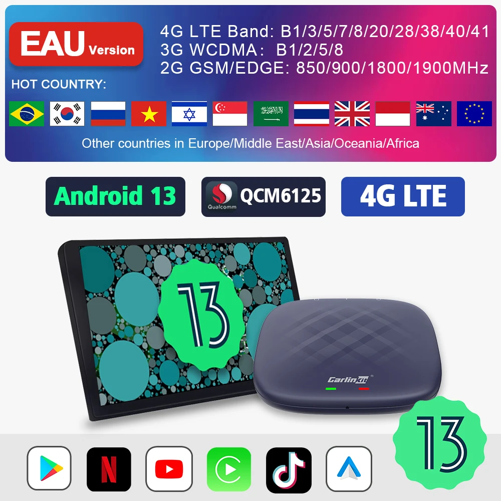 

Carlinkit 8 + 128 ГБ Smart TV Box Android13 Беспроводной Android Авто адаптер QCM6225 8 ядер для Youtube Netflix Spotify Ai Box Car Play