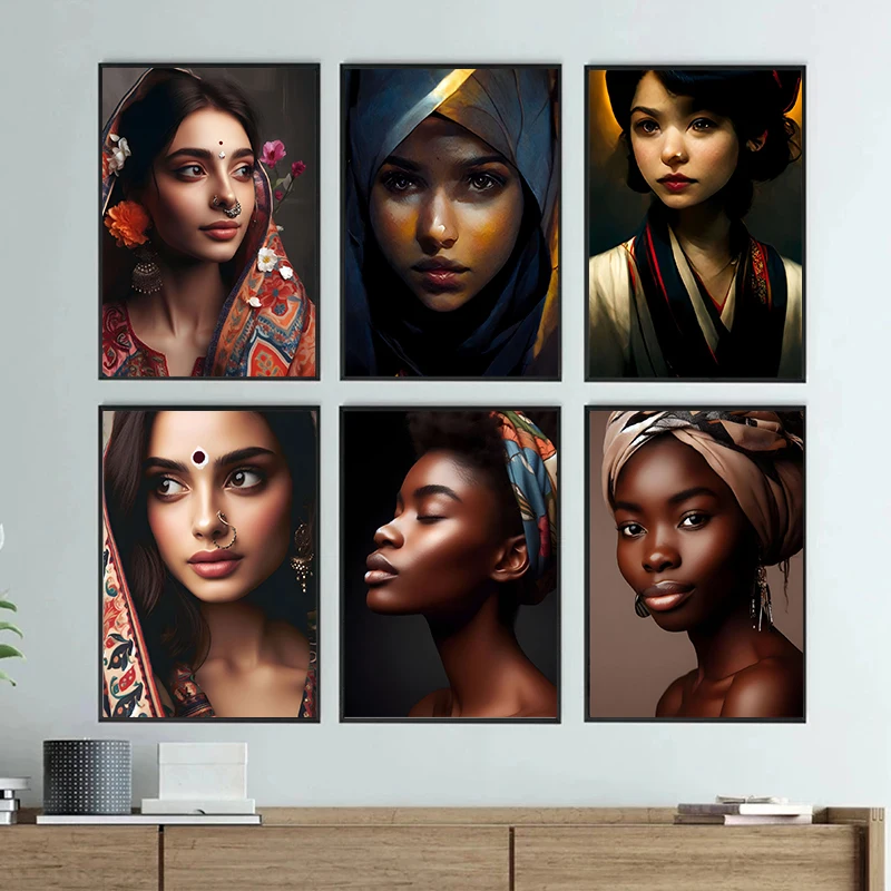 

Indian Africa Muslim Ukraine Girl Portrait Poster Canvas Painting Wall Art Modern Girl Portrait Picture for Room Office Decor