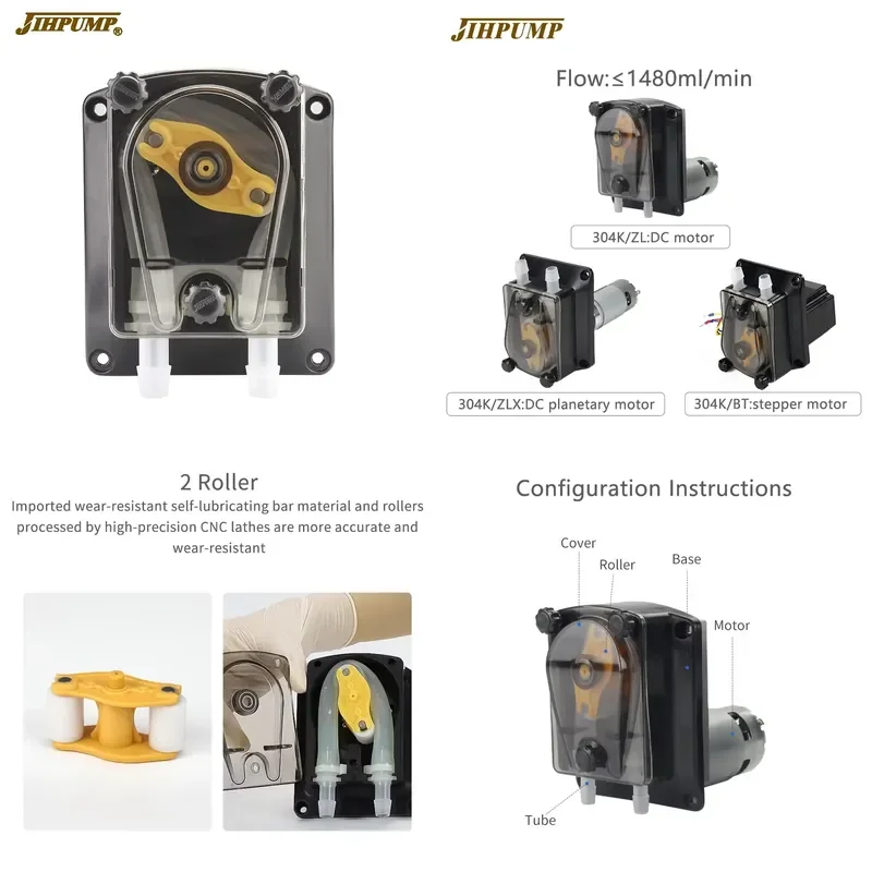 Фото Перистальтический насос JIHPUMP 304K 1000 мл, пищевой, с насосной головкой OEM, для дозирования жидкостей, 24В, с шлангом, для торговых автоматов и аппаратов для напитков, малый №1
