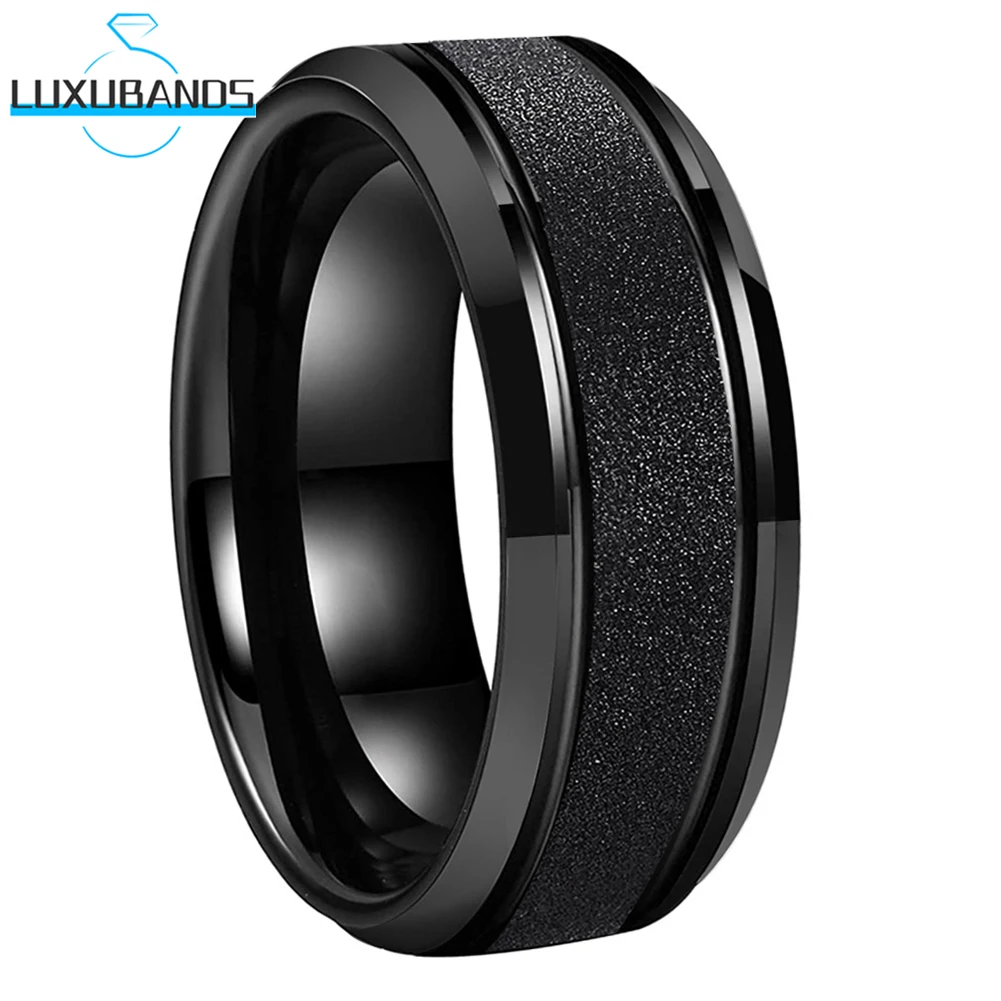 

Tungsten Carbide Ring Black 8mm For Women Men Beveled Edges Sandblasted Two Offset Grooved Brushed Finish Comfort Fit