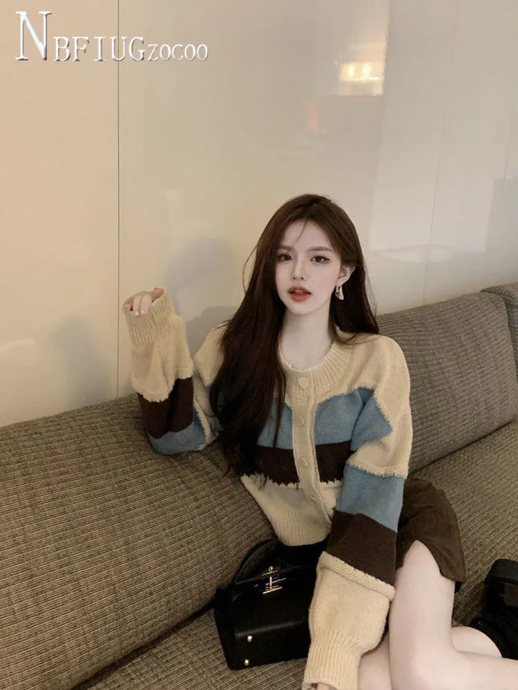 

Knitted Cardigan Sweater Autumn Winter Sweet Stripe Women's Loose Female Coat