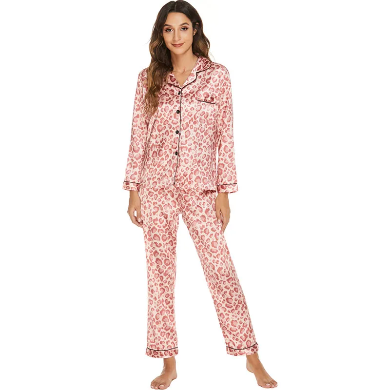 Women 2 Pieces Satin Silk Sleepwear Leopard Print Long Sleeve Shirt and Pants Pajamas