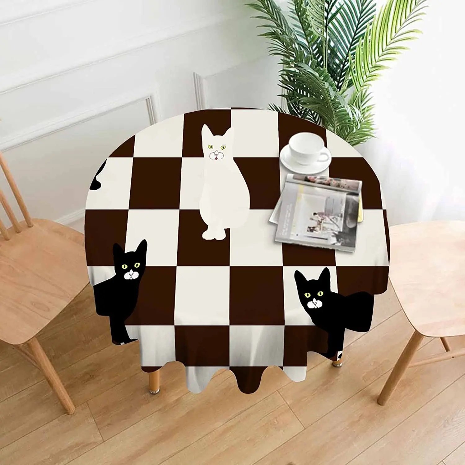 

Kittens Round Tablecloth 60 Inch Black White Chessboard Cats Tartan Table Clothes for Dining Table Christmas Halloween Decor