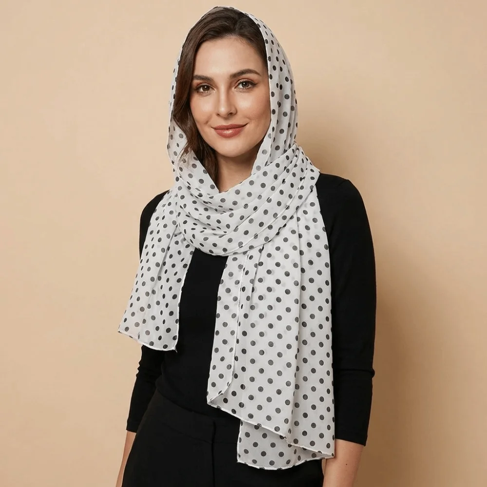 Фото Нежный хлопковый платок-хиджаб в горошек с защитой от солнца, длинный, тонкий, большой, для женщин №2