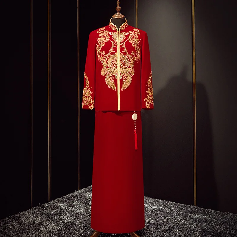Men High Quality Vintage Qipao Tang Suit Clothing Bridegroom Red Velour Sequins Beading Embroidery Wedding Dress