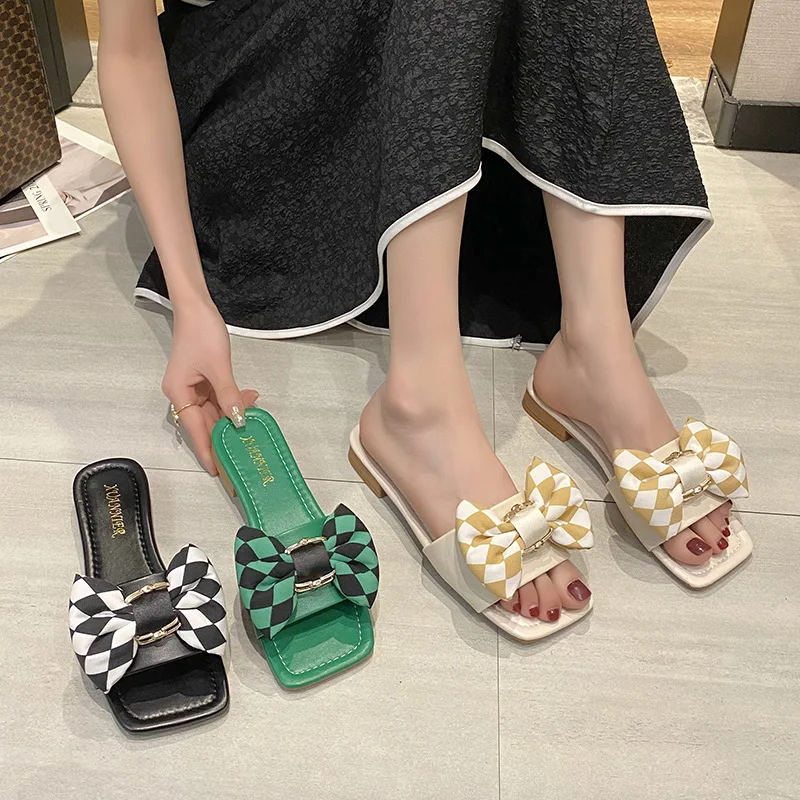 

2022 Summer New Ladies Slippers Checkerboard Bow Sandals and Slippers Women's Head Holiday Beach Word Drag Tide