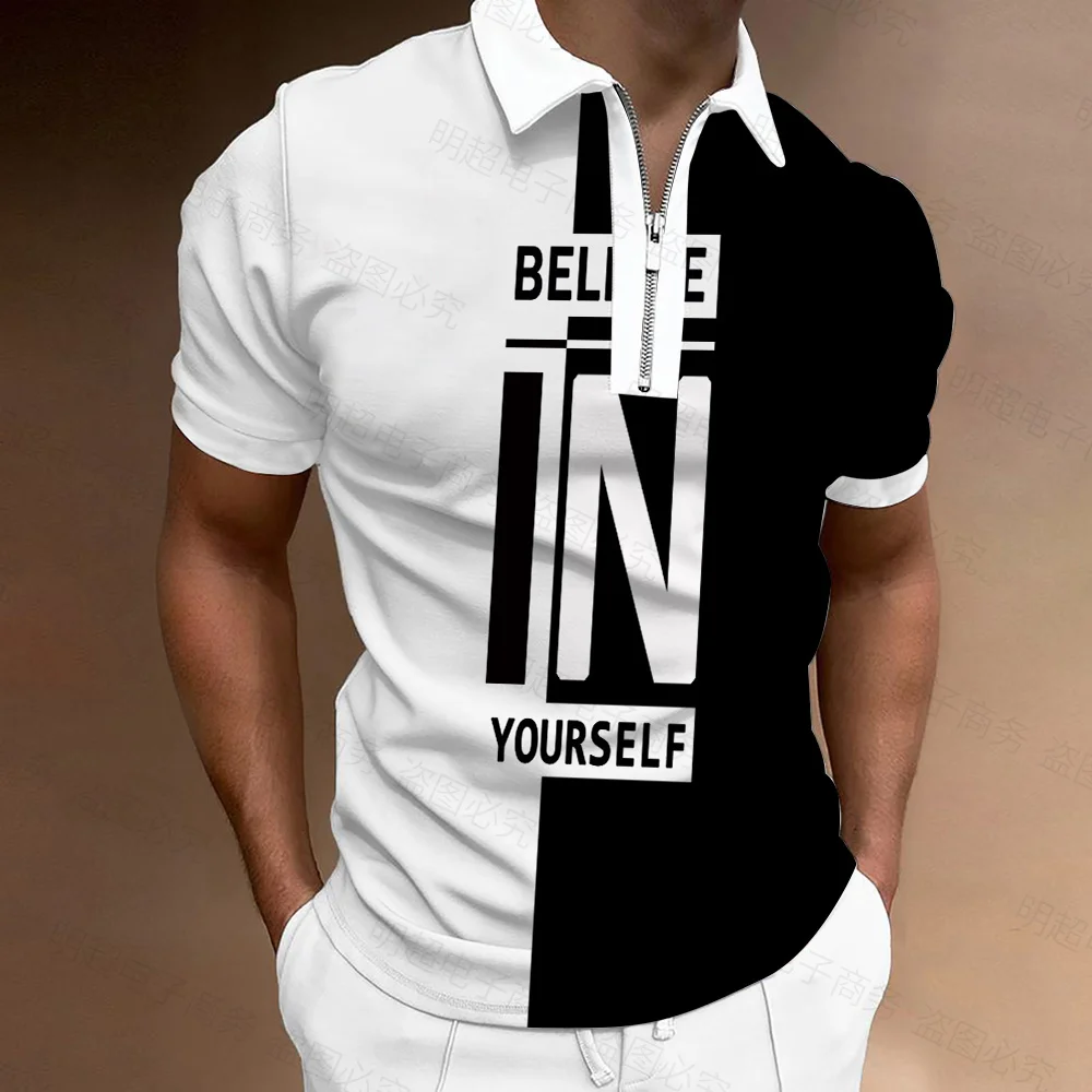

Summer Polo Shirt For Men Short Sleeve T-Shirt Casual Stylish Tops&Tees Turn-down Collar Zipper Oversized Clothing Streetwear