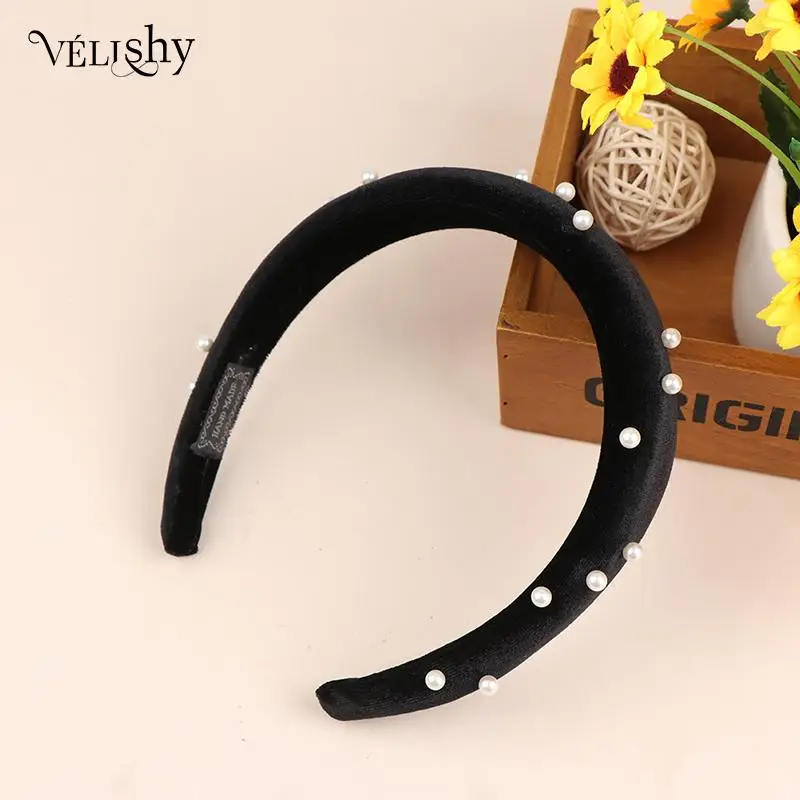 

2022 Women Black Velvet Simulated-pearl Headband Wide Padded Puffy Headbands Fashion Head Wrap Hair Hoop Girls Hair Accessories
