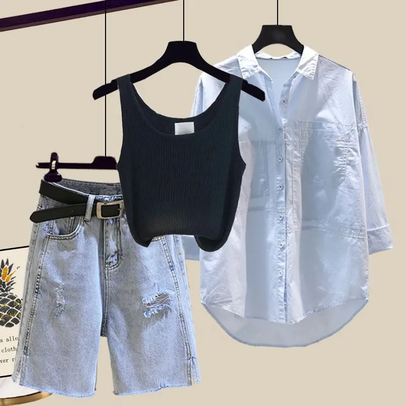 Большой женский летний комплект новинка 2024 Солнцезащитная рубашка с майкой