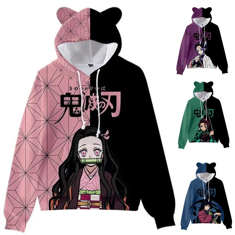 

2022 Anime Demon Slayer Pullover Women Hoodie Cat Ears Cartoon Sweatshirt Teens Boys Girls Cosplay Costume Hoodies Sweatshirts