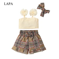lapa baby girls summer bandeau 3pcs sleeveless bowknot shorts set kids spaghetti check outfits