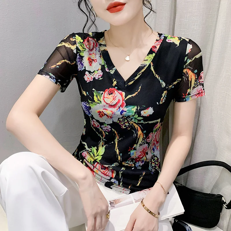 # 5764 Черная сетчатая футболка женская с 3D цветочным принтом коротким рукавом