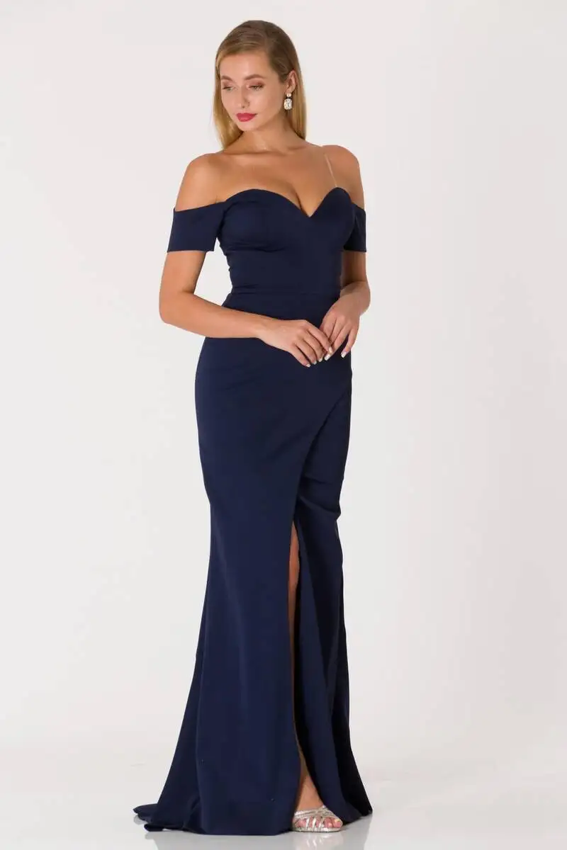 

Fish Cut Slits Evening Dresses Navy Blue