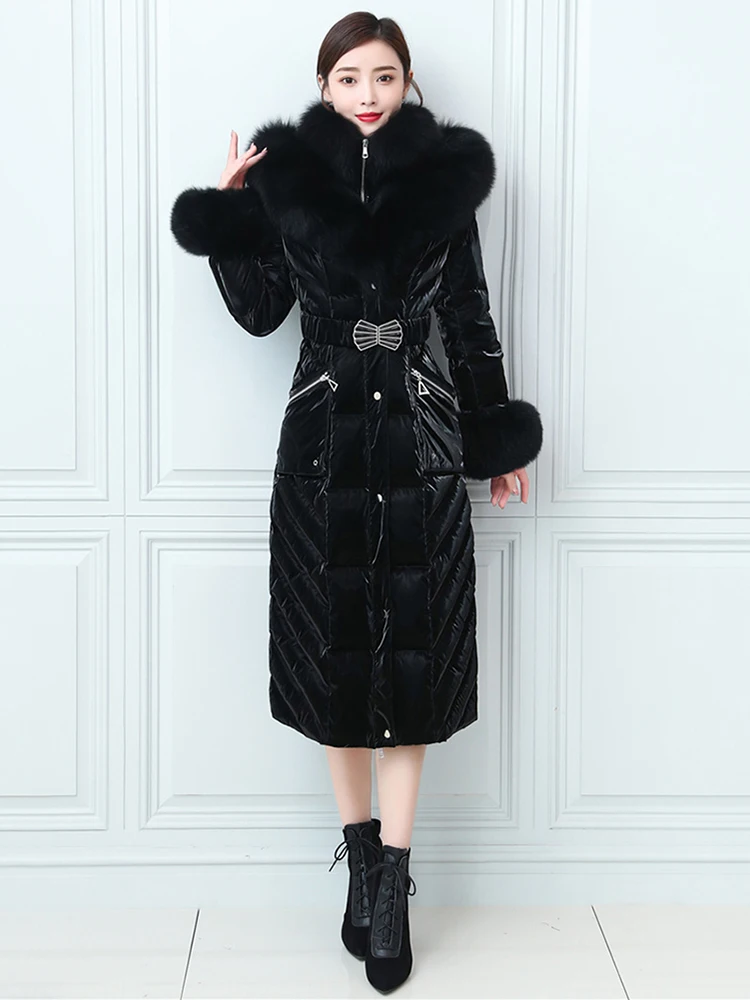 New Women Fur Down Jacket Winter Double Real Fox Fur Collar Wash Free Glossy Surface Thicken Warm Down Coat Belt Slim Outerwear