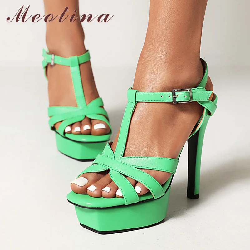 

Meotina Women Shoes Buckle Gladiator Sandals Platform Thin Super High Heels T-Strap Ladies Footwear 2022 Summer Green Black 43