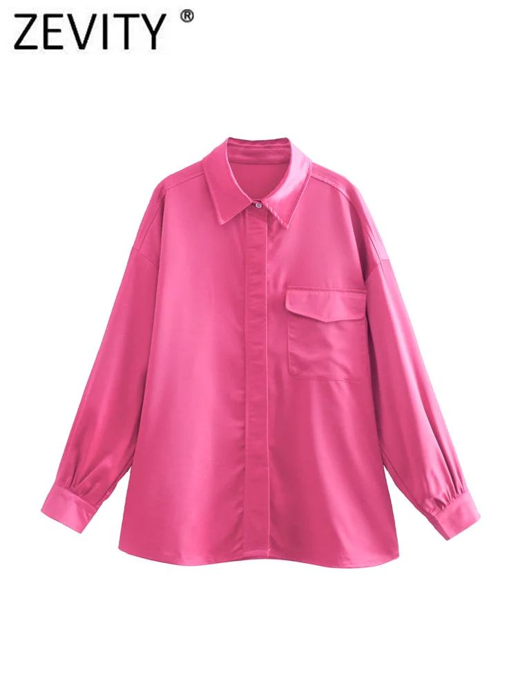 

Zevity Women Fashion Sinlge Pocket Patch Soft Satin Loose Shirt Office Lady Long Sleeve Blouse Roupas Chic Blusas Tops LS897