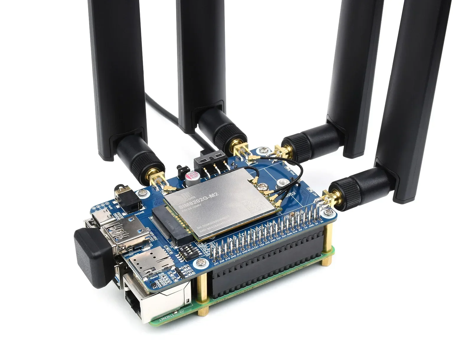 Фото z Для SIM8202G-M2 5G HAT (B), для Raspberry Pi, Snapdragon X55, четырехъядерные антенны 5G NSA, многодиапазонный, совместимость с 5G/4G/3G №5