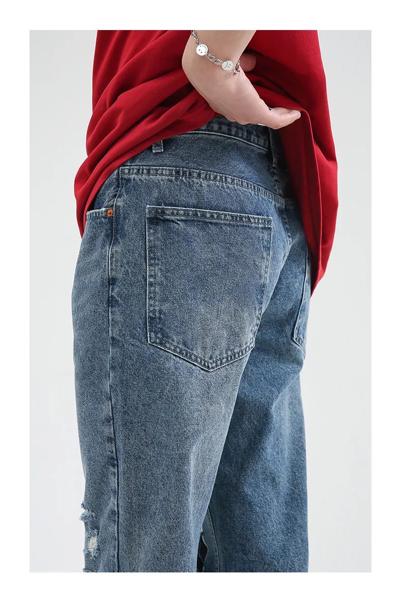 Four Seasons Men's Korean Style Personality Straight Hole Mid Waist Casual Men's Jeans Hip Hop Streetwear Jeans Denim Casual