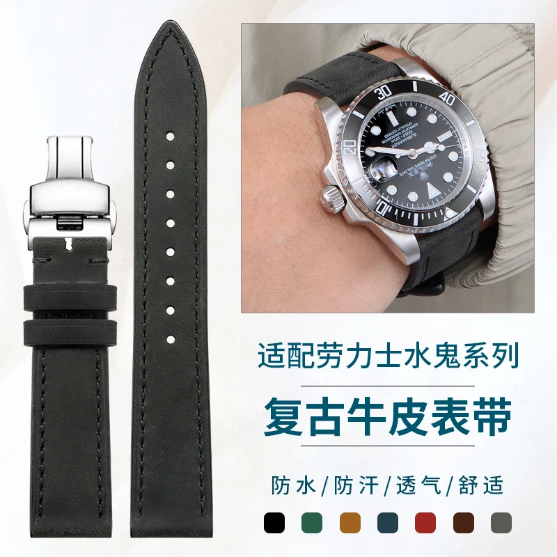 Фото Совместим с Rolex Daytona, Submariner Green/Black, мужской винтажный ремешок для часов из воловьей кожи Cellini №1
