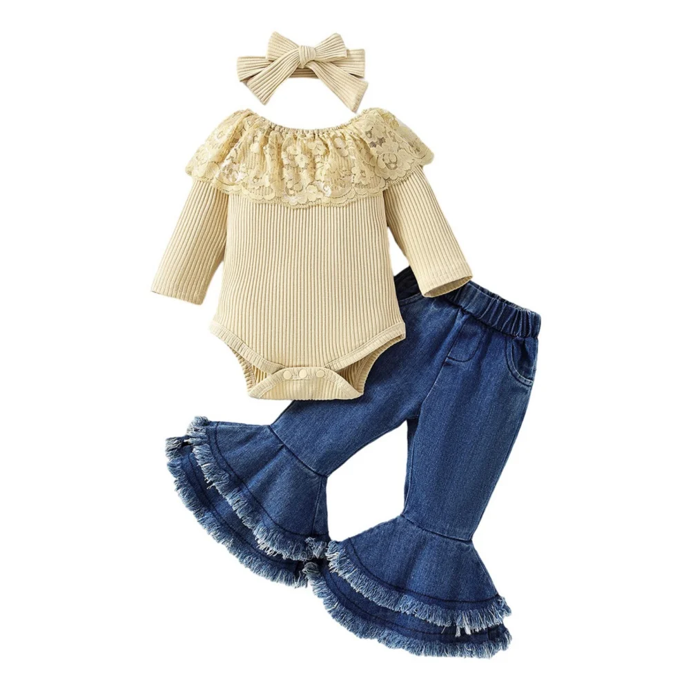 

3PC Newborn Baby Girls Clothes Set Lace Ruffles Knitted Ribbed Romper+Flare Pants+Headband Outfit Spring Autumn Costume 0-2M