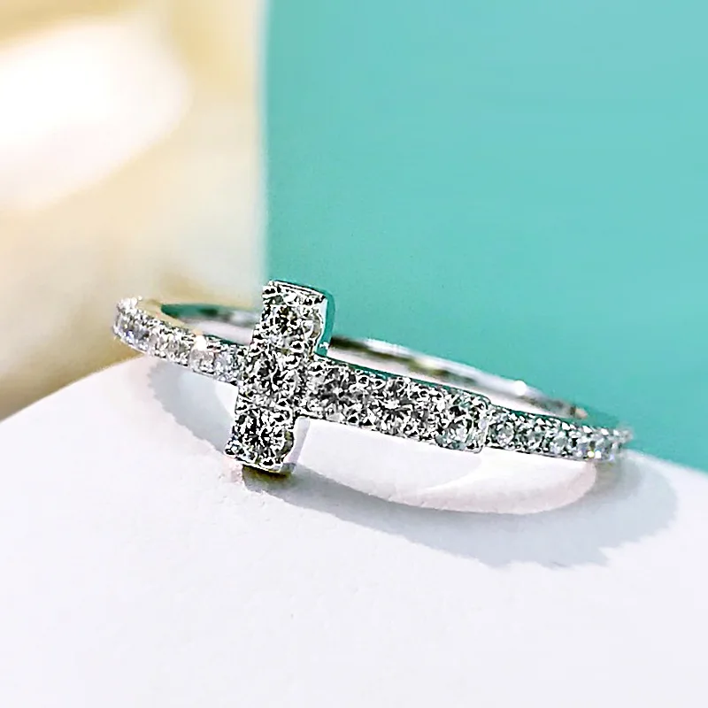 

Luxury S925 Sterling Silver Row High Diamond Ring full of cross small tail ring For Women Sparkling Luxury Fine Jewelry