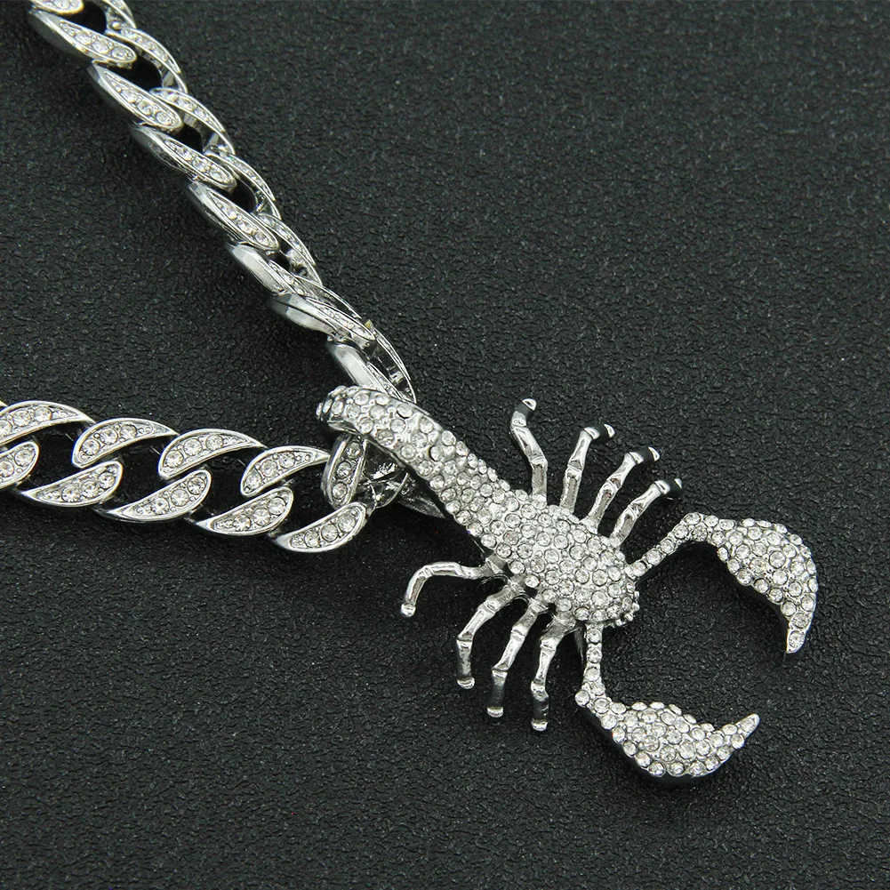 

Hip Hop Iced Out Cuban Chains Bling Diamond Rhinestone Animal Scorpion Pendant Necklaces Gold Jewelry for Male Boy Choker Collar