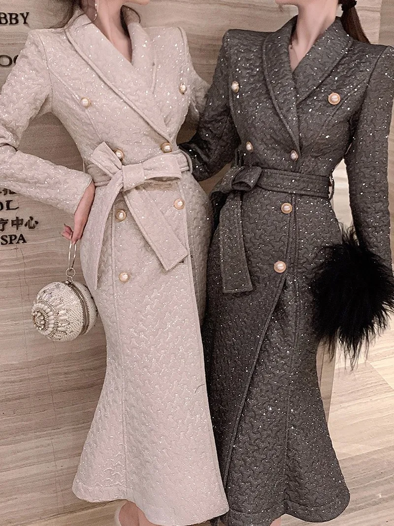 Women New Lapel Cotton Double-breasted Lace-up Jacket Long-sleeved Popular Sequined Mermaid Long Jacket 2022 Autumn and Winter
