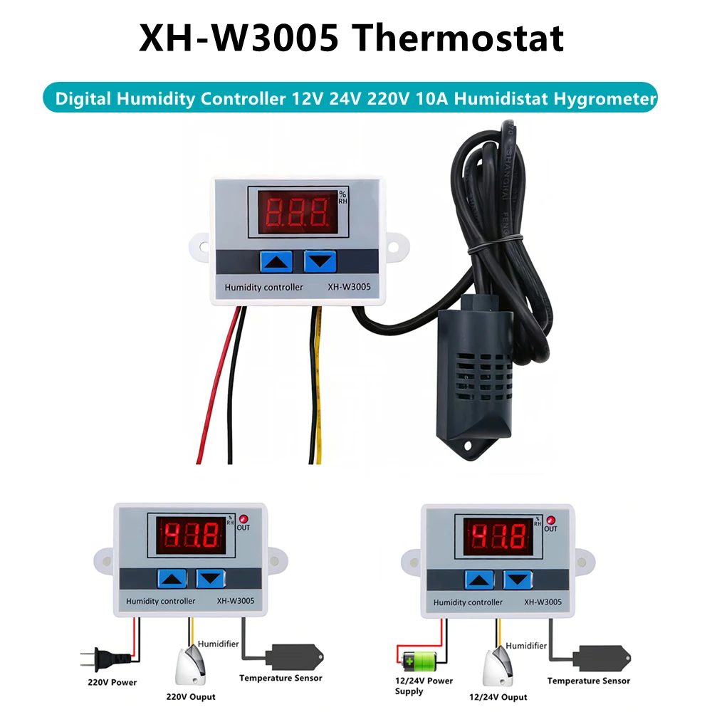

XH-W3005 Digital Humidity Controller 12V 24V 220V 10A Humidistat Hygrometer Humidity Control Switch Regulator + Humidity Sensor
