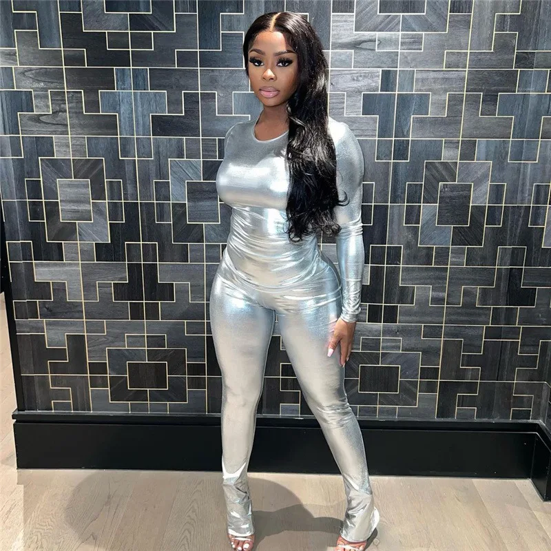 

Y2K металлический цветной облегающий Топ, высокие забавные облегающие бедра брюки, костюм для веселых девушек, женская футболка с длинным рукавом, облегающие брюки-карандаш