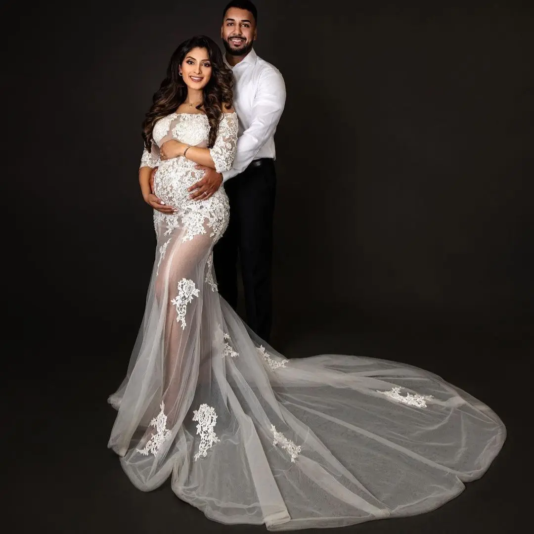

See Thru Maternity Dresses Lace Applique Boho Mermaid Prom Gown Half Sleeves Sweep Train Tulle Maxi Gown
