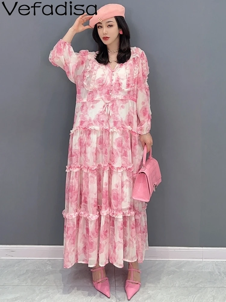 

Vefadisa 2023 Summer New Women Dress Pink And Blue Fashion Casual Crease Chiffon Personalized Dress Trendy Girl ZY811