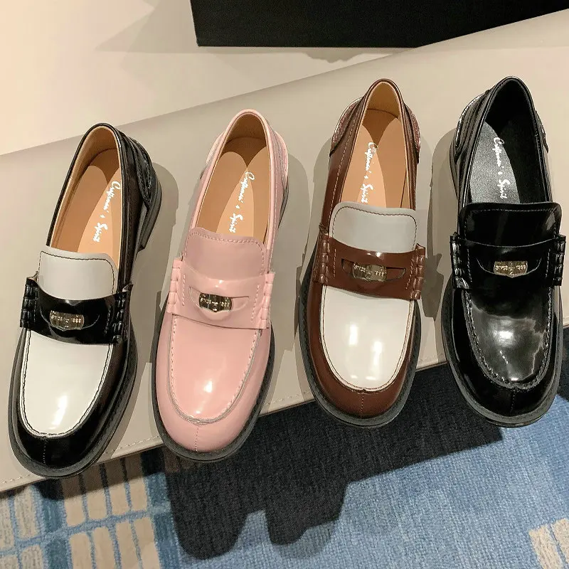 

2023 Spring Genuine Cow Leather Luxury Brand Mixed Color Casual Loafers Slip-on Metal Clip British Women Derby Shoes Moccasins