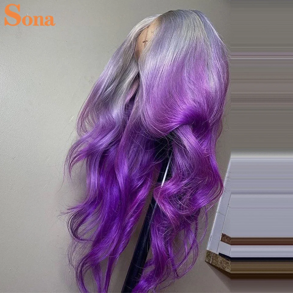 Парик из натуральных волос с эффектом омбре светло-серый фиолетовый волнистый 2