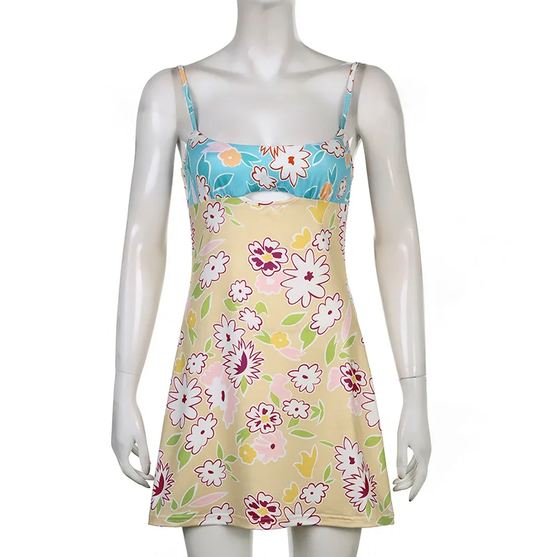 

Новинка Весна-Лето сексуальное платье с глубоким вырезом контрастным принтом на бретелях