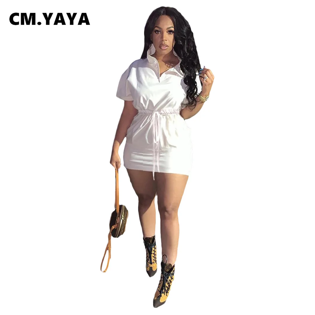 

CM.YAYA Women Short Sleeve Elastic Waist Turn-down Neck Casual Mini Dress 2022 Summer Streetwear Active Pencil Dresses Vestidos