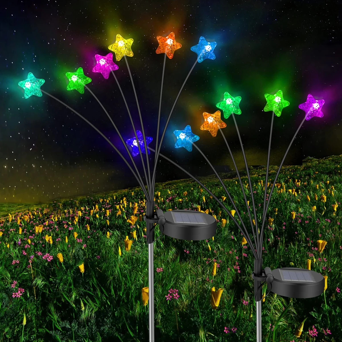 

New 2Pcs Solar Powered Firefly Lights RGB Starburst Swaying Garden Stake Lights IP65 Waterproof Firework Path Lights with 600mAh