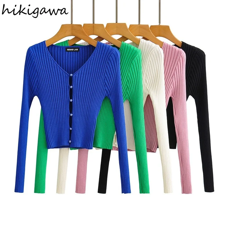 

Сексуальный яркий кардиган Hikigawa на пуговицах с V-образным вырезом, облегающие рубашки, винтажные женские шикарные топы с длинным рукавом дл...