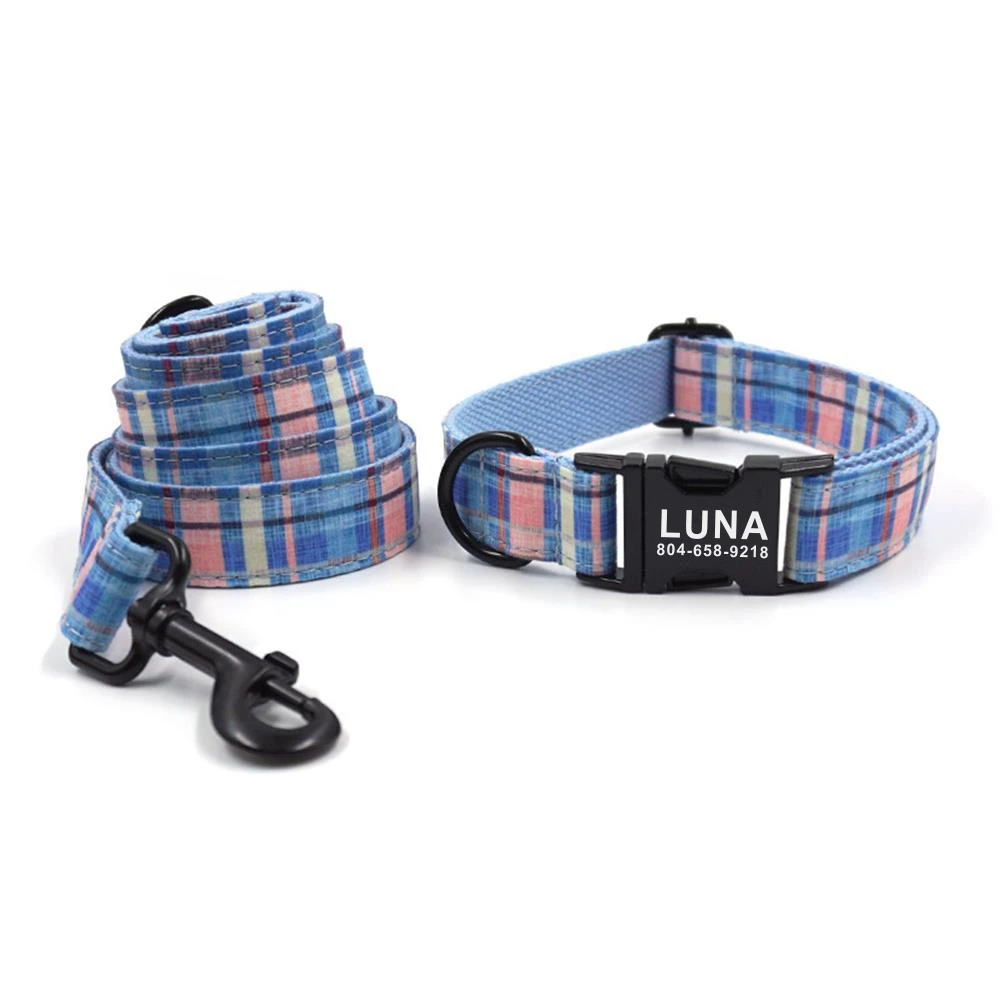 Personalized Dog Collar Customized Pet Collars Engraving ID Nameplate Tag Pet Accessory Colorful Plaid Puppy Collar Leash