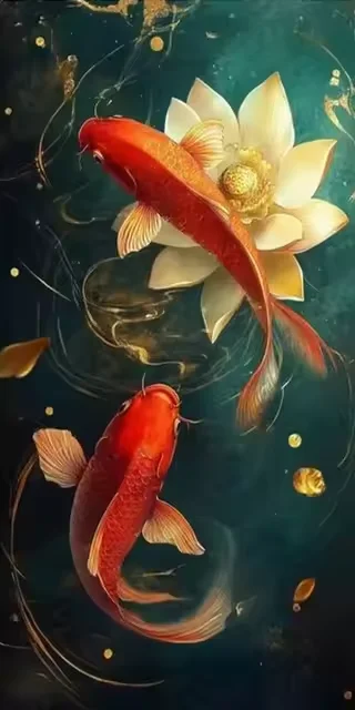 Алмазная живопись большого размера с цветком лотоса и карпом