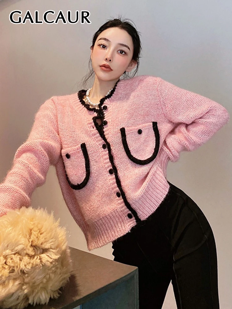 

GALCAUR вязаный свитер для женщин с V-образным вырезом длинным рукавом Пэчворк однобортный цветной блок Свитера Женская одежда 2022 Повседневный