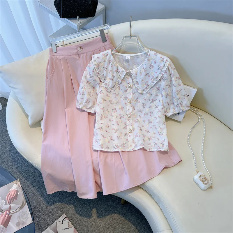 

Женский комплект из двух предметов, топ с коротким рукавом и цветочным принтом и юбка-трапеция средней длины, офисный костюм для девушек на ...