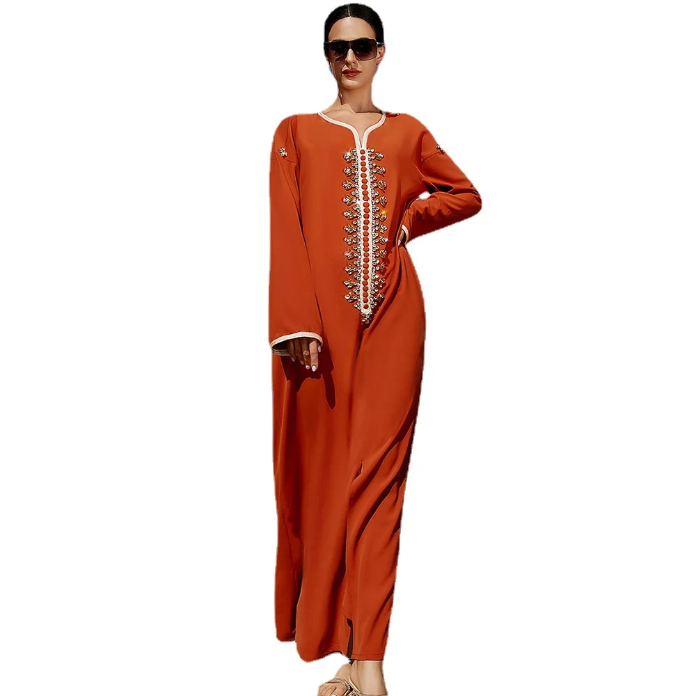 Robe Femme Musulmane Orange Long Dress Diamonds Neckline Ribbon Splicing Dubai Tourist Ladies Arab Dress Abayas For Women