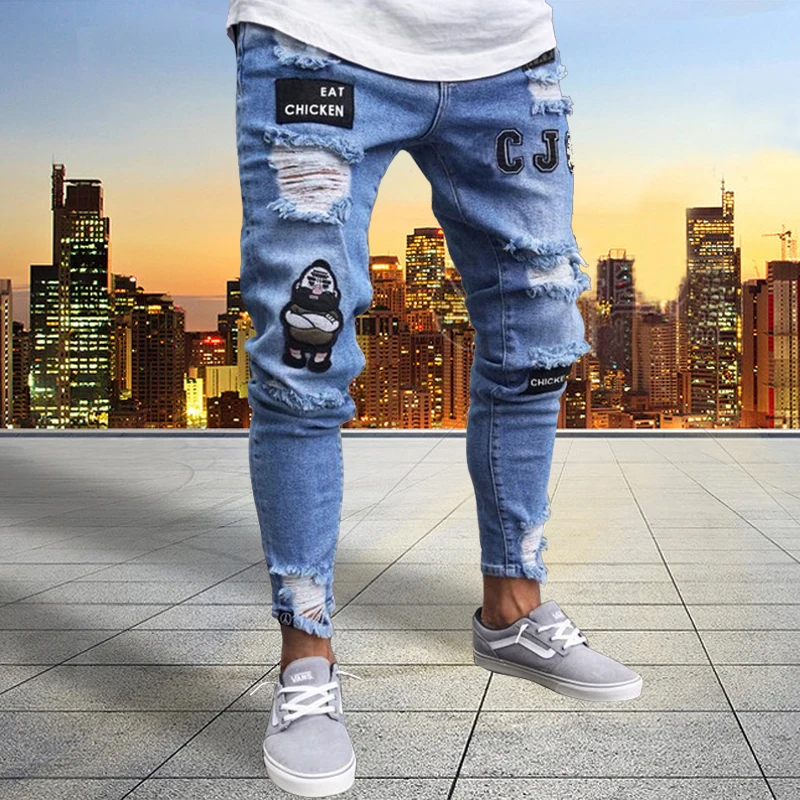 Men's Jeans Stretch Ripped Skinny Casual Y2K Pants Destroyed Hole Slim Fit Denim Trousers Hip Hop Cloth for Man Fashions
