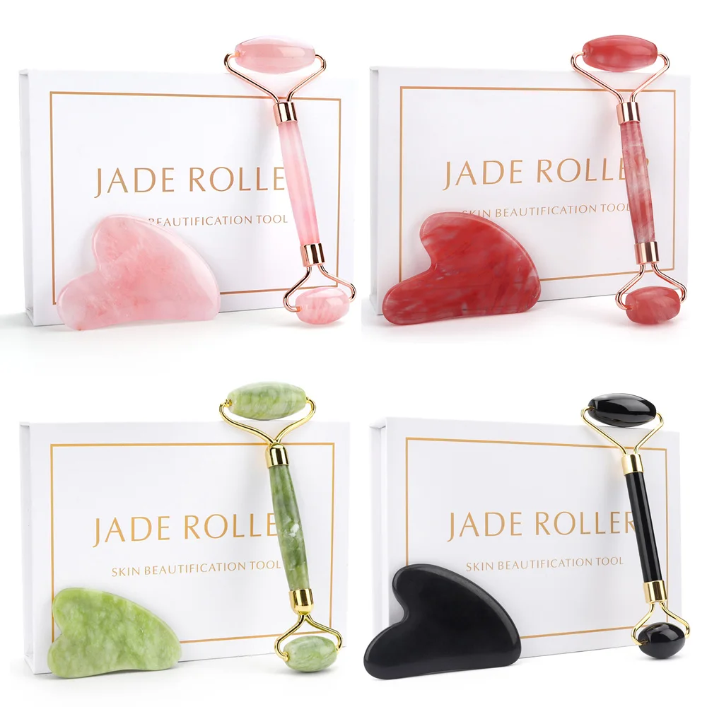 

Face Massage Jade Roller Gua sha Set Natural Stone Crystal Slimmer Lift Wrinkle Double Chin Remover Beauty Care Slimming Tools