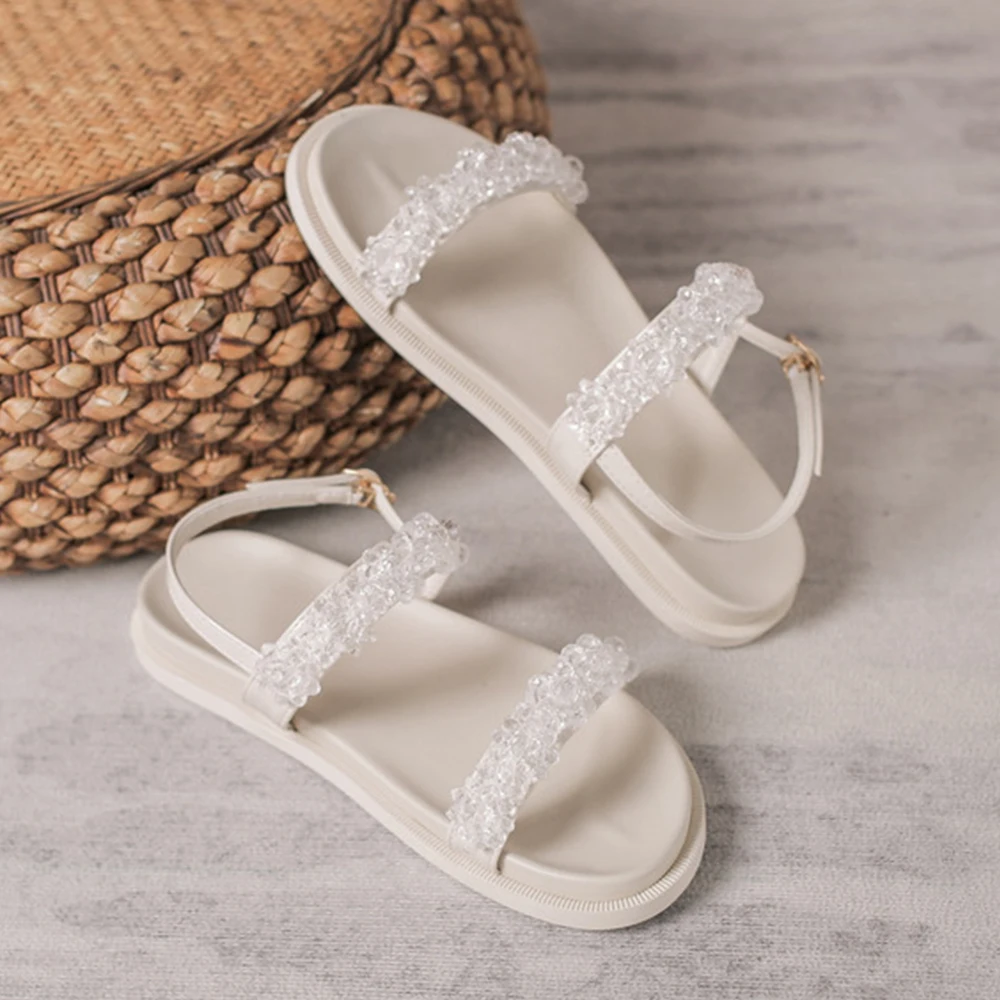 Sandals Women's 2022 Summer New Handmade Pearl Flower Crystal Sandals Flat Simple Buckle Student Soft Bottom Fairy Shoes