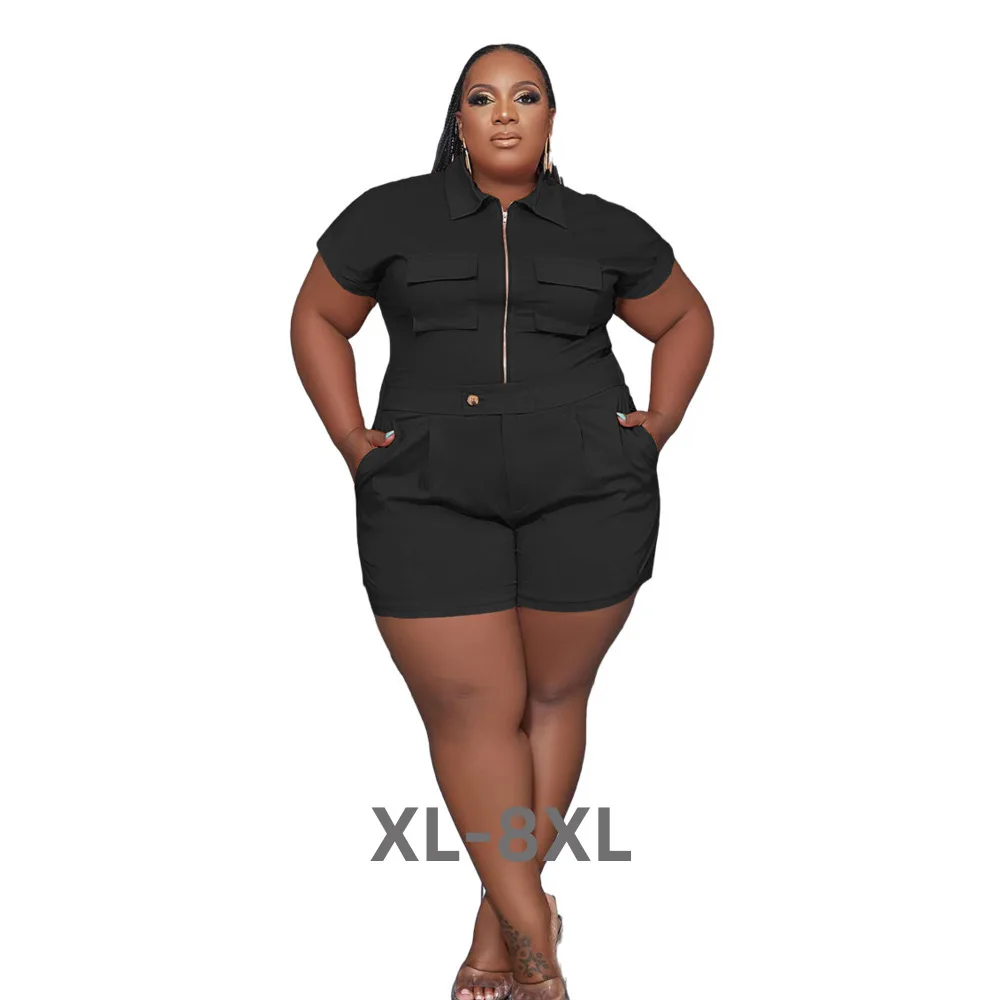 Plus Size Women Casual Shorts Two Pieces Set Fashion Pockets Turn Down Neck Short Sleeves t Shirt Sport Short 3xl 4xl 5xl 6xl