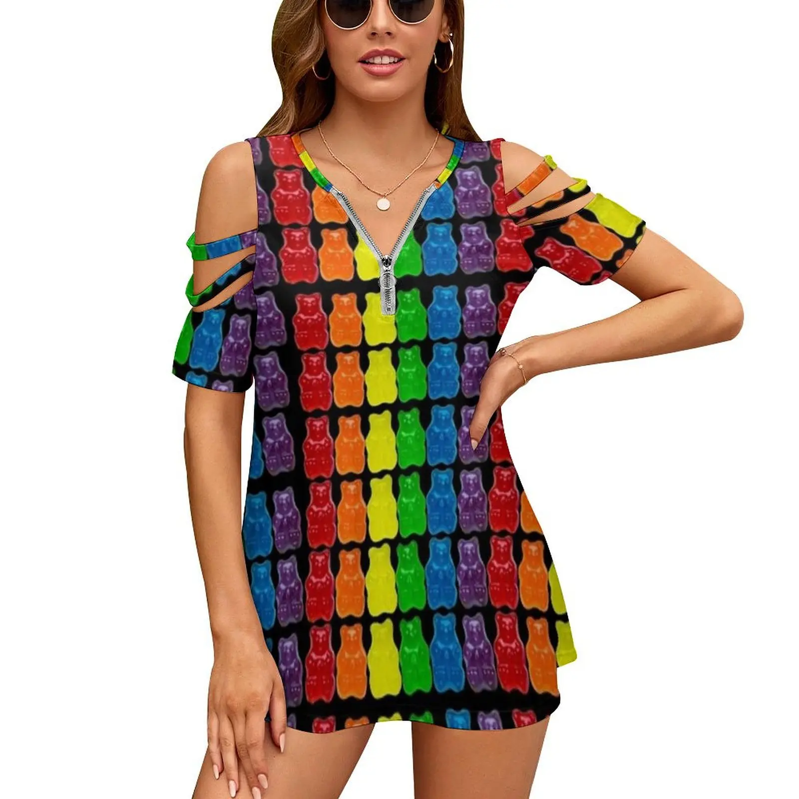 

Rainbow Of Gummi Deliciousness Women'S T-Shirt New Fashion Printed Zipper V-Neck Short Sleeve T Shirts Casual Plus Size Q Pride